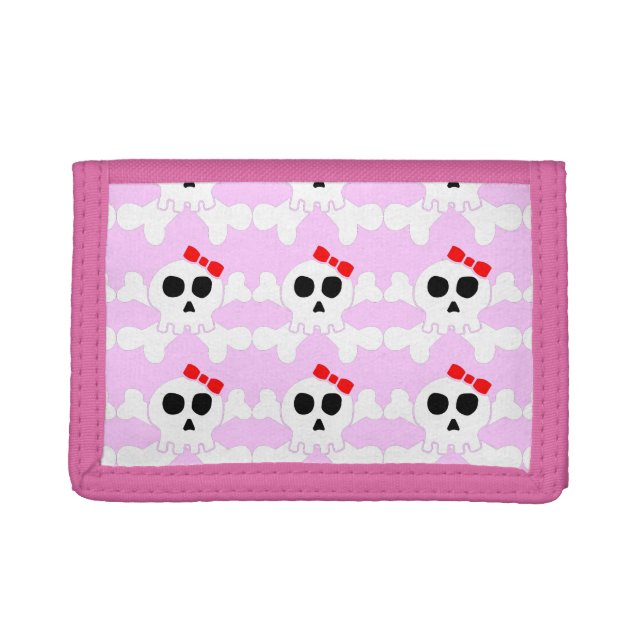 Cute Girly Skull & Crossbones with Bow Trifold Wallet (Front)