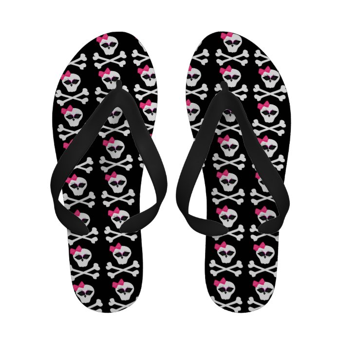 Cute Girly Skulls with Pink Bow Flip Flops