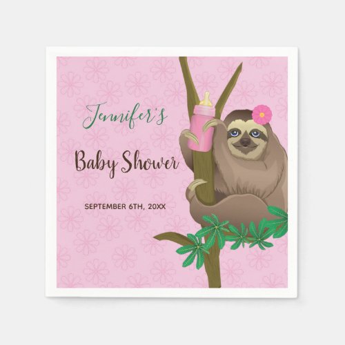 Cute Girly Sloth Blush Pink Floral Baby Shower Napkins