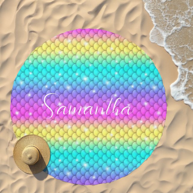 Cute Girly Sparkling Rainbow Mermaid Scales Beach Towel (Beach)