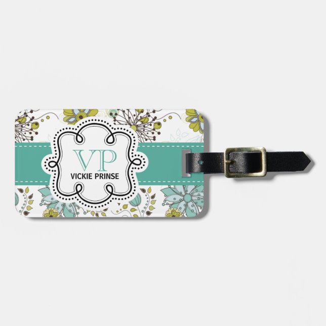 Cute Girly Spring Floral Personalized Initials Luggage Tag (Front Horizontal)