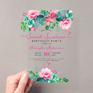 Cute Girly Spring Floral Sweet 16 Birthday Party Acrylic Invitations