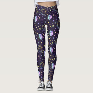 Cute Girly Stars Sun And Moon Pretty Magic Purple Leggings