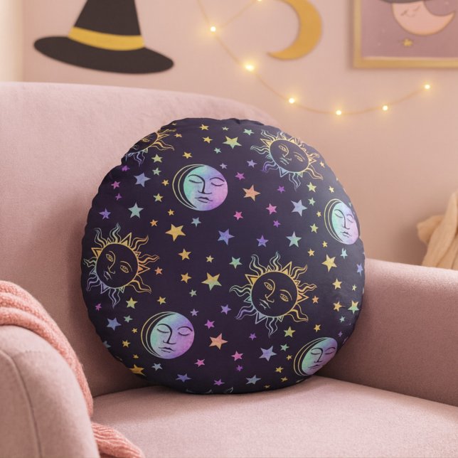  Cute Girly Stars Sun And Moon Pretty Magic Purple Round Pillow (Creator Uploaded)
