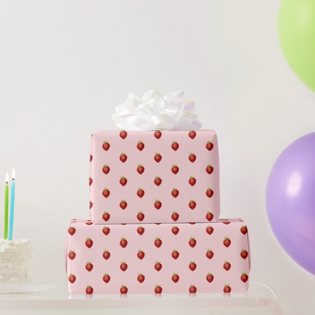 Cute Girly Strawberry Pattern on Soft Pink  Wrapping Paper (Party Gifts)