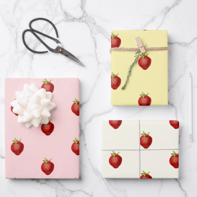 Cute Girly Strawberry Pink Cream White  Wrapping Paper Sheets (Front)