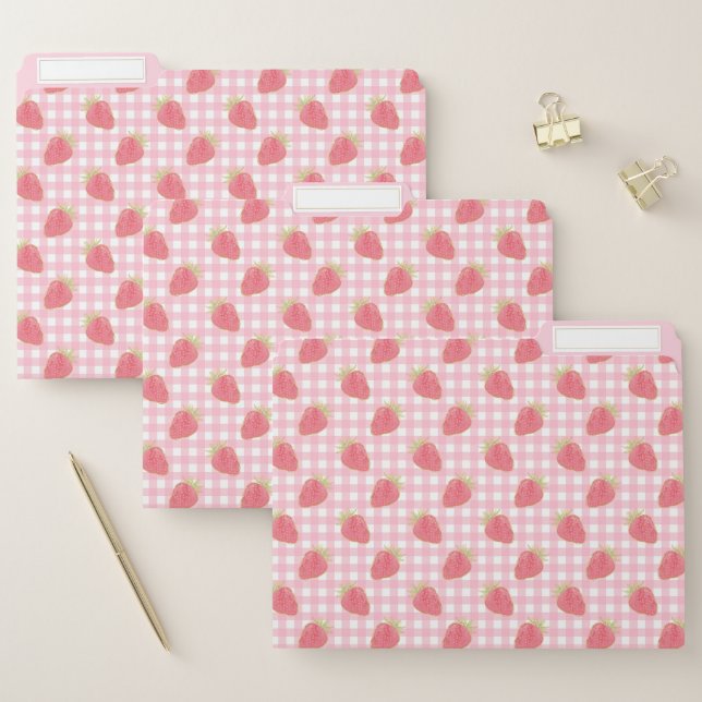 Cute Girly Strawberry Pink Gingham Plaid File Fold File Folder (Set)