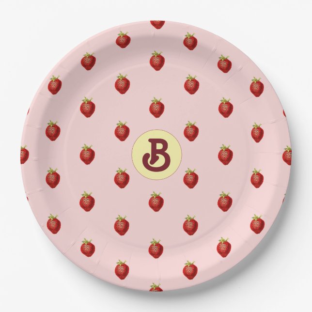 Cute Girly Strawberry Pink Name Monogram Paper Plates (Front)