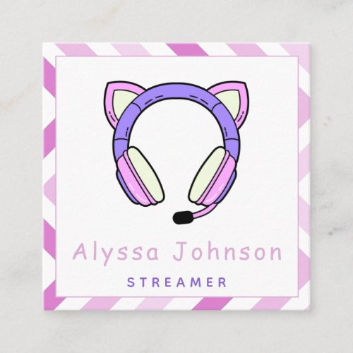 Cute  Girly Streamer Gamer Headset Trendy Cool Square Business Card