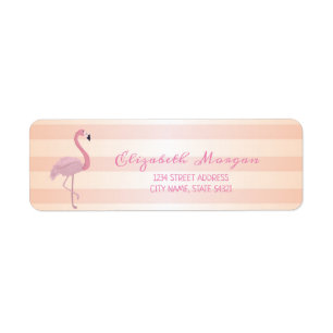 Cute Girly Striped , Pink Flamingo Address Label