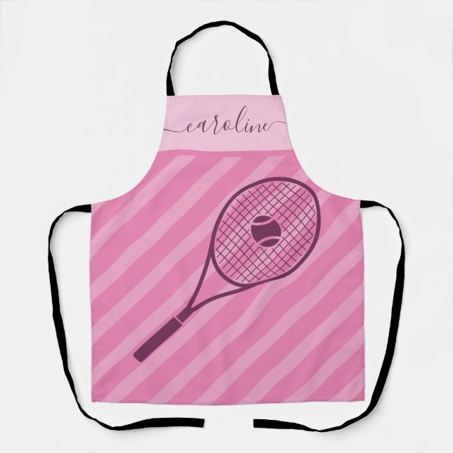 Cute Girly Striped Pink Tennis Theme Girl's Name Apron (Front)
