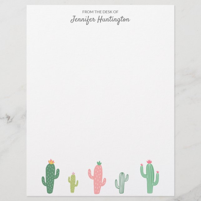 Cute Girly Succulent Cactus Personalized Letterhead (Front)