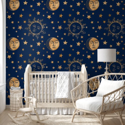 Cute Girly Sun Moon  Stars Magic Gold  Navy Blue Wallpaper