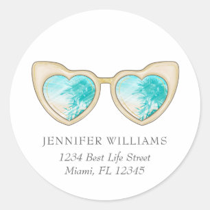  Cute Girly Sunglasses Palm Trees Return Address Classic Round Sticker
