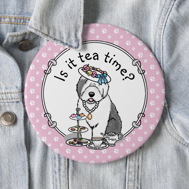 Cute Girly Tea Party Old English Sheepdog (Gray 1) Button (In Situ)