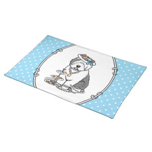 Cute Girly Tea Party Old English Sheepdog (Gray 1) Cloth Placemat