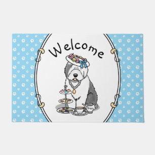 Cute Girly Tea Party Old English Sheepdog (Gray 1) Doormat