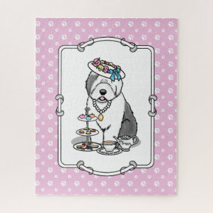 Cute Girly Tea Party Old English Sheepdog (Gray 1) Jigsaw Puzzle