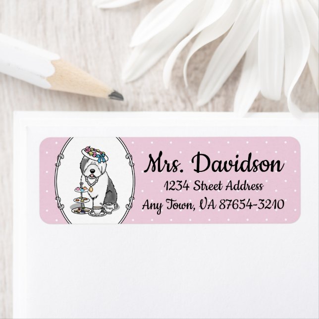 Cute Girly Tea Party Old English Sheepdog (Gray 1) Label (Insitu)