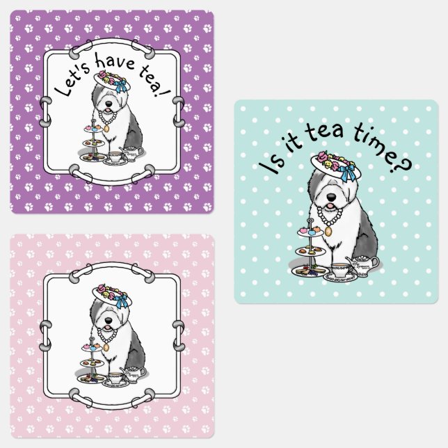 Cute Girly Tea Party Old English Sheepdog (Gray 1) Labels (Group)