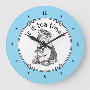 Cute Girly Tea Party Old English Sheepdog (Gray 1) Large Clock