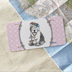 Cute Girly Tea Party Old English Sheepdog (Gray 1) License Plate