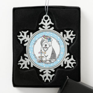 Cute Girly Tea Party Old English Sheepdog (Gray 1) Snowflake Pewter Christmas Ornament