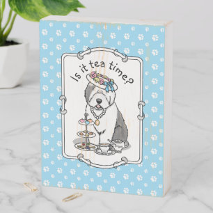 Cute Girly Tea Party Old English Sheepdog (Gray 1) Wooden Box Sign