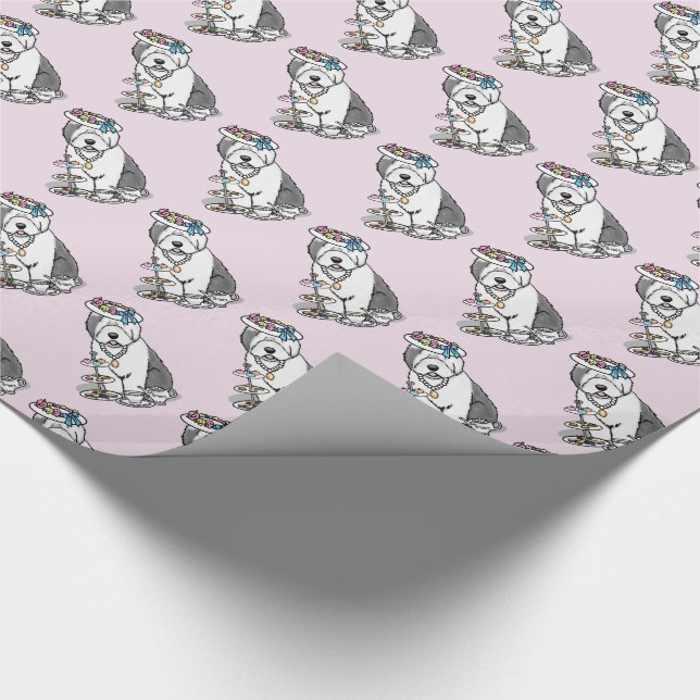 Cute Girly Tea Party Old English Sheepdog (Gray 1) Wrapping Paper (Corner)