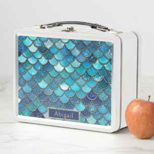 Cute Girly Teal Blue Gold Mermaid Scales Pattern Metal Lunch Box