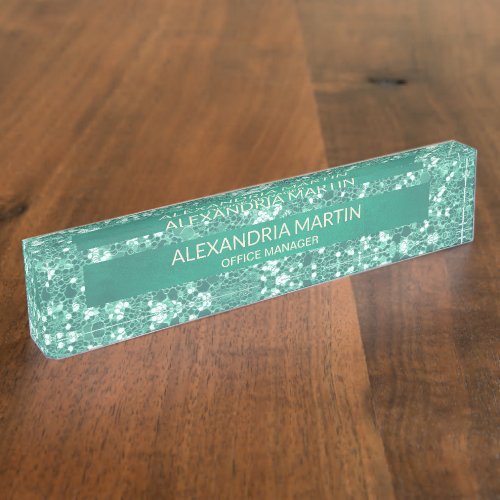 Cute Girly Teal Mint Green Glitter Office Desk Name Plate