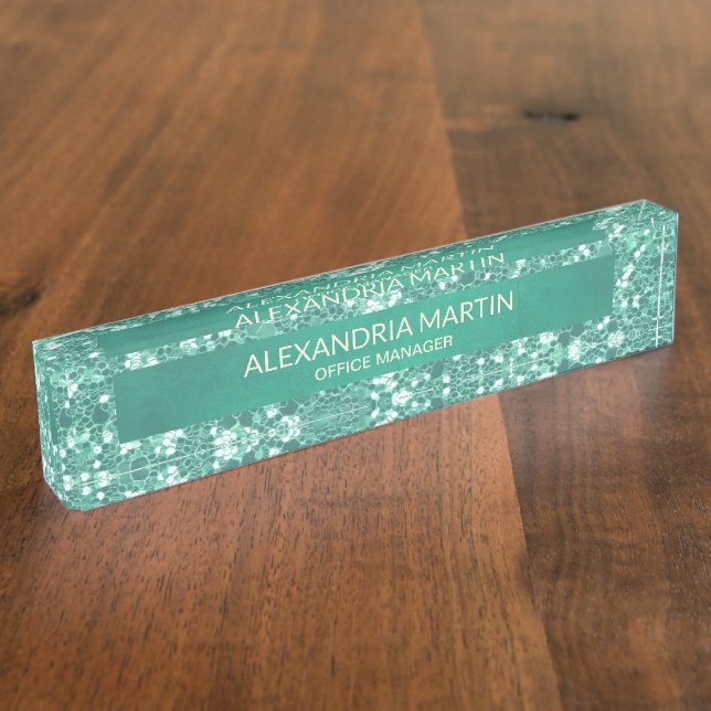Cute Girly Teal Mint Green Glitter Office Desk Name Plate (Side)
