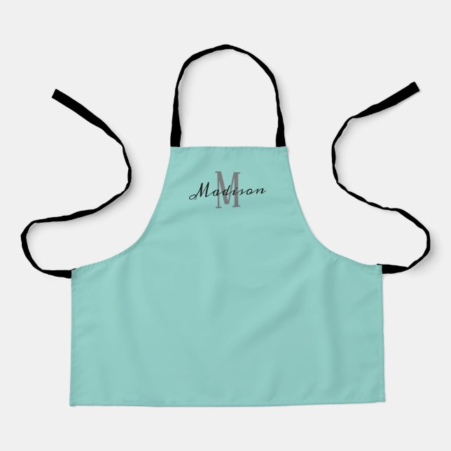 Cute Girly Teal Script Monogram Personalized Kids Apron (Front)