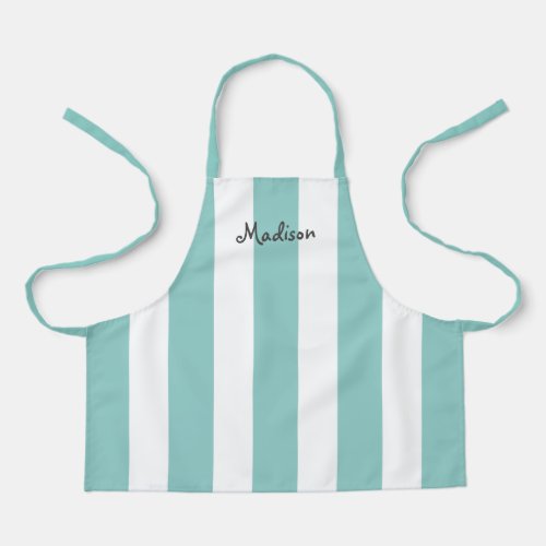 Cute Girly Teal White Stripes Personalized Kids Apron