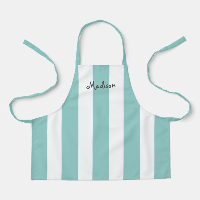 Cute Girly Teal White Stripes Personalized Kids Apron (Front)