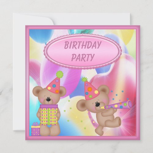 Cute Girly Teddy Bears Birthday Party Invitation