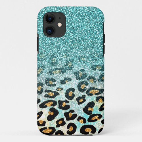 Cute girly trendy light blue faux glitter leopard iPhone 11 case