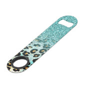 Cute girly trendy light blue faux glitter leopard speed bottle opener (Front Angled)
