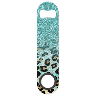 Cute girly trendy light blue faux glitter leopard speed bottle opener