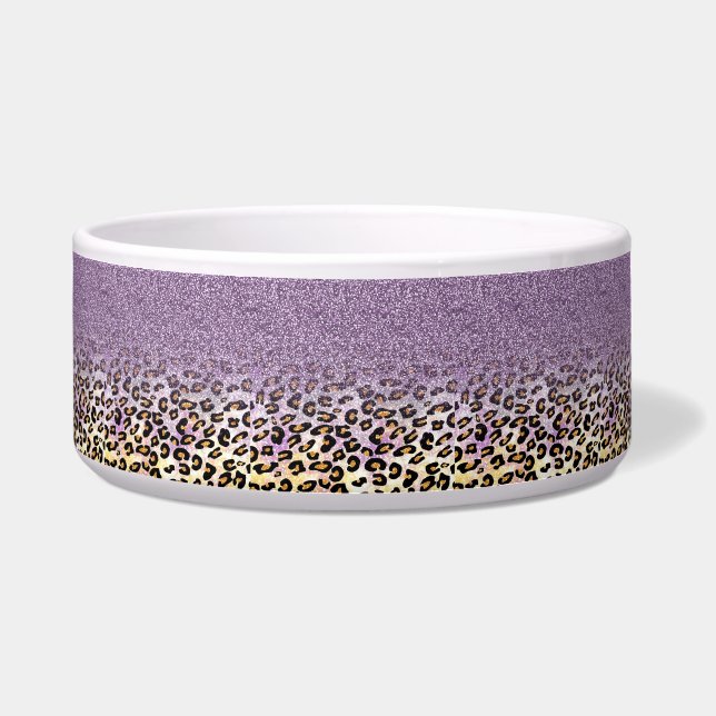 Cute girly trendy purple faux glitter leopard bowl (Front)