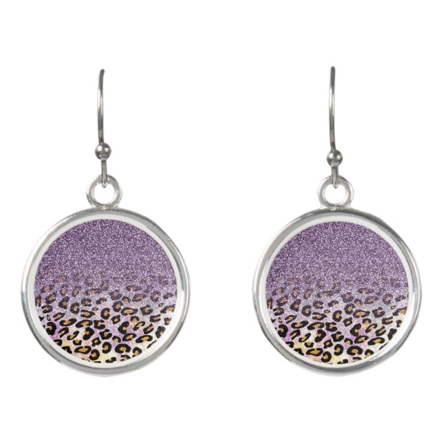Cute girly trendy purple faux glitter leopard earrings (Front)