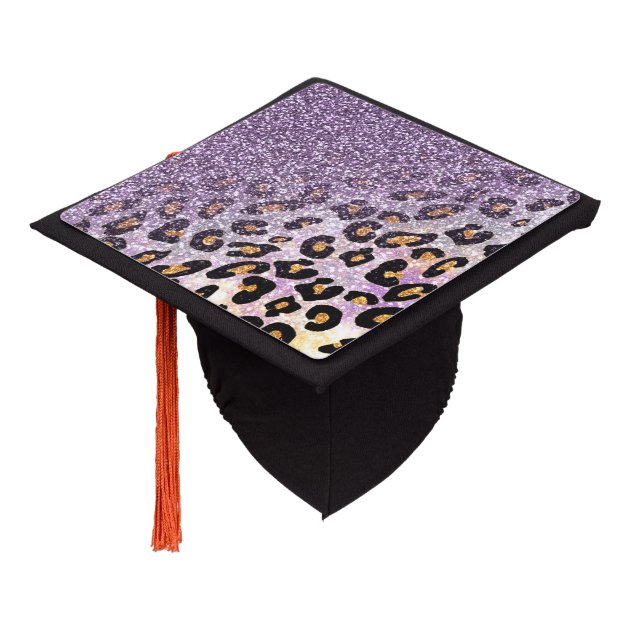 Cute Girly Trendy Purple Faux Glitter Leopard Graduation Cap Topper