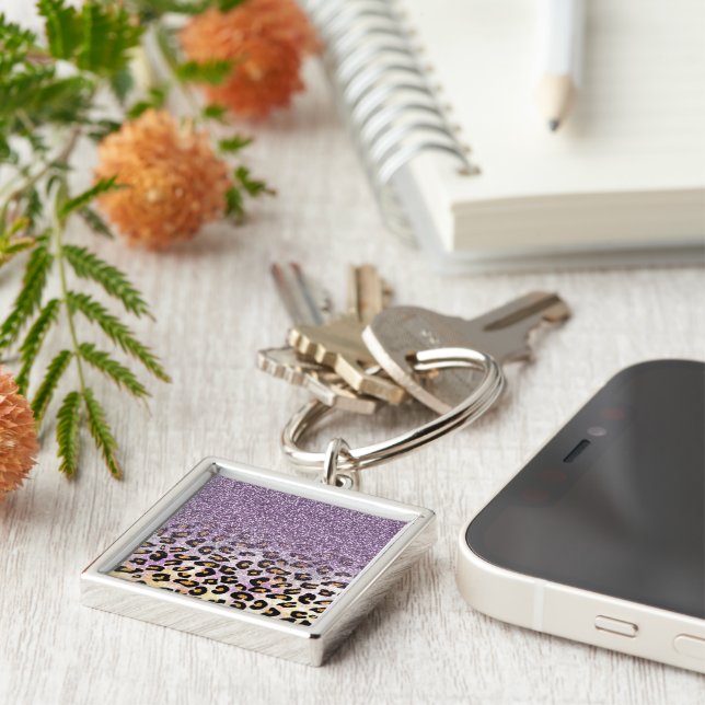 Cute girly trendy purple faux glitter leopard keychain (Side)