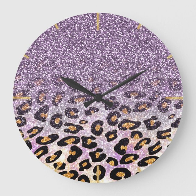 Cute girly trendy purple faux glitter leopard large clock (Front)