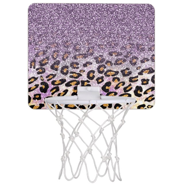 Cute girly trendy purple faux glitter leopard mini basketball hoop (Front)