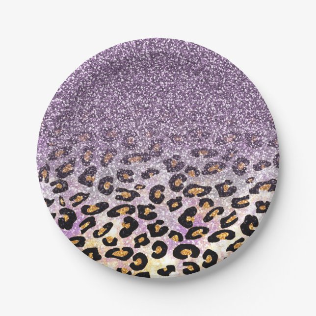 Cute girly trendy purple faux glitter leopard paper plates (Front)