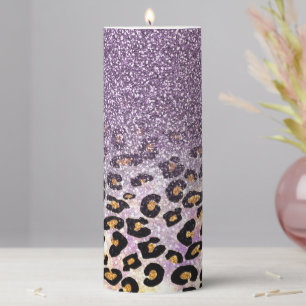 Cute girly trendy purple faux glitter leopard  pillar candle