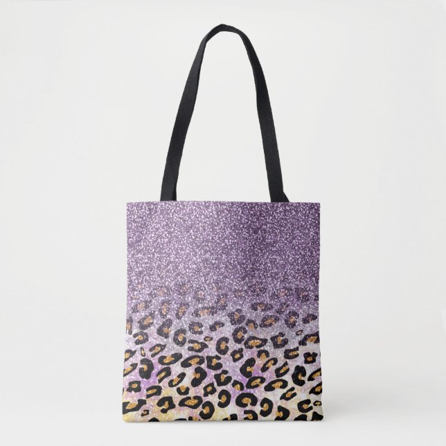 Cute girly trendy purple faux glitter leopard tote bag (Front)