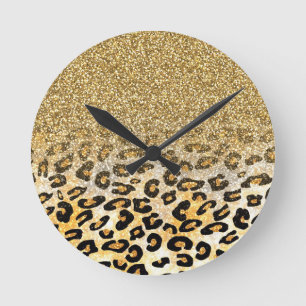 Cute girly trendy yellow gold faux glitter leopard round clock