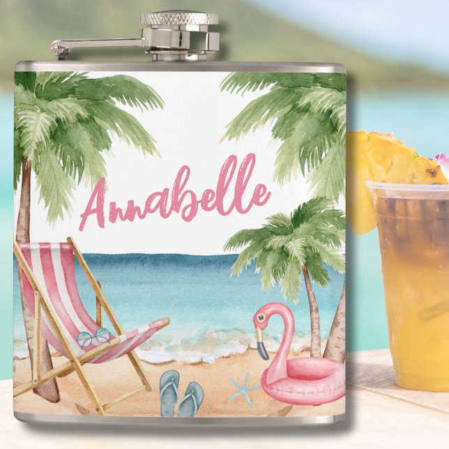 Cute Girly Tropical Beach Name Flask (Beach Tropical Flask)